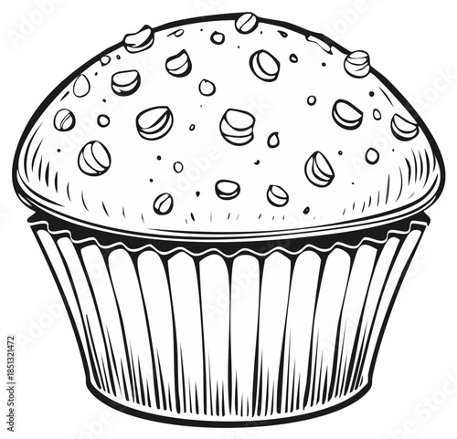 Delightful monochrome illustration of a freshly baked muffin with a variety of sweet toppings