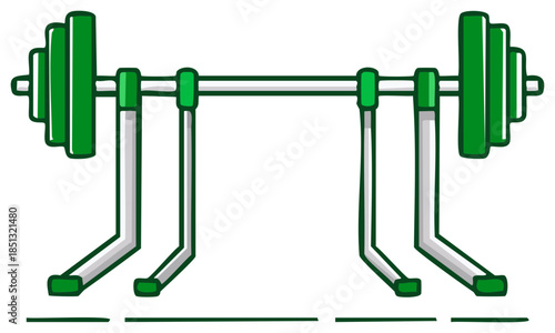 Cartoon illustration of a heavy green barbell resting on a squat rack