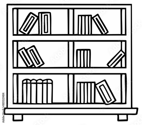 Simple line drawing of a three-shelf wooden bookcase filled with books of various sizes and orientations