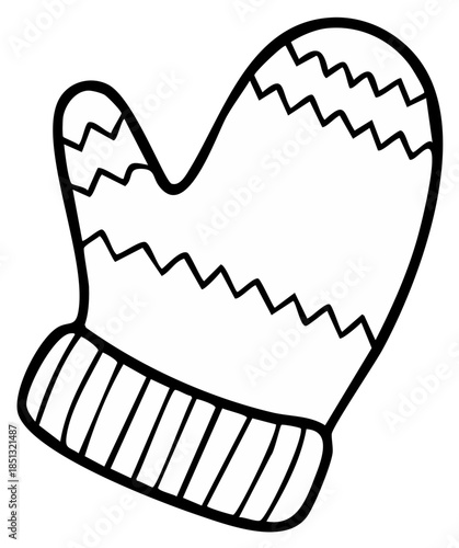 Black and white illustration of a knitted winter mitten with zigzag design, cozy warmth.