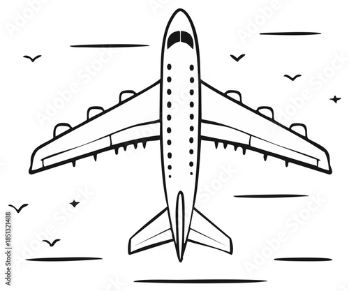 Airplane Flies Overhead with Birds Aviation Vector Illustration Graphic