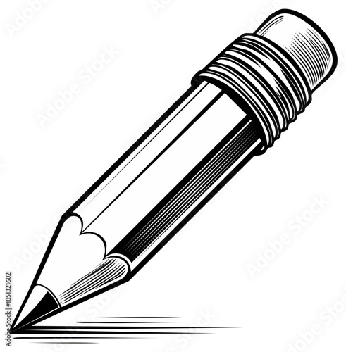 Stylized black and white pencil with an eraser tip creating a line art drawing illustration