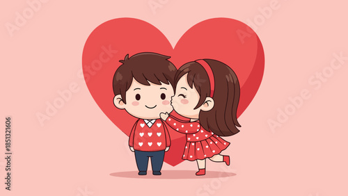 Adorable cartoon couple in love girl kissing boys cheek romantic illustration with red heart.