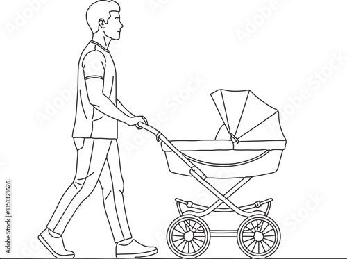 Proud father walking with a baby stroller during an outdoor family outing