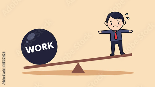 Businessman struggling to balance heavy work burden on a seesaw.