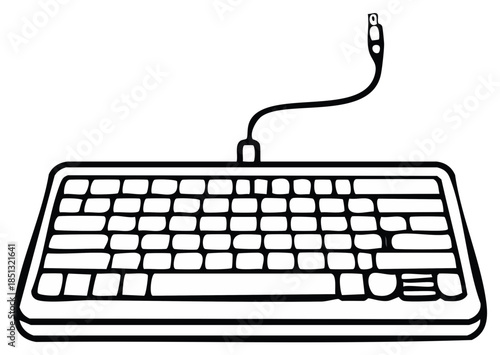 Stylized keyboard drawing. Simple black and white computer keyboard with USB cable illustration