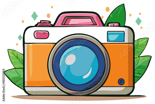 Bright and Colorful Illustration of a Camera with a Large Lens, Tropical Leaves, and Diamond Accents, Photo Equipment