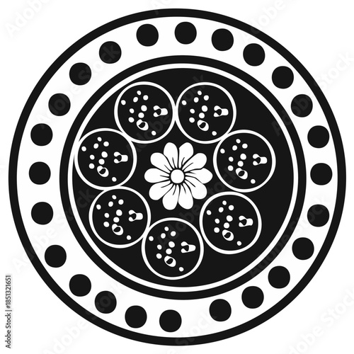 Black and white vector icon of a traditional Indian thali food platter with a floral design