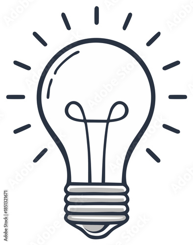 Doodle style lightbulb with rays showing innovation or good idea illustration