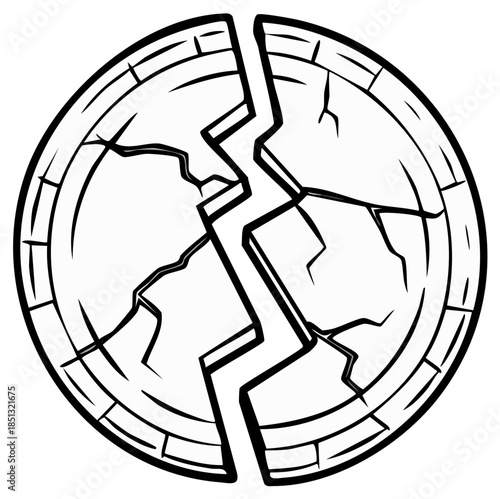 Cracked stone disc with a jagged break in a black and white line art cartoon style