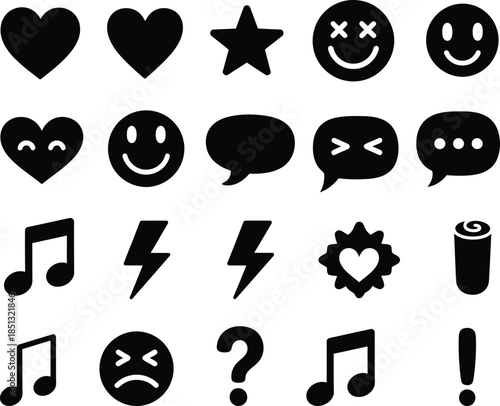 Collection of emoticon and emoji icons in black on white background