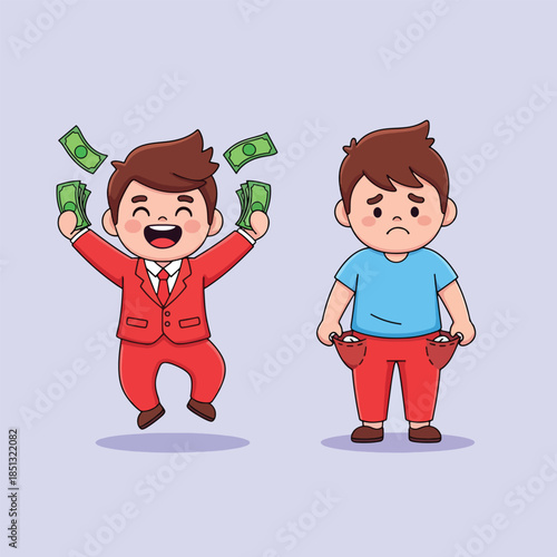 Cartoon men showing rich and poor contrast with money and empty pockets.