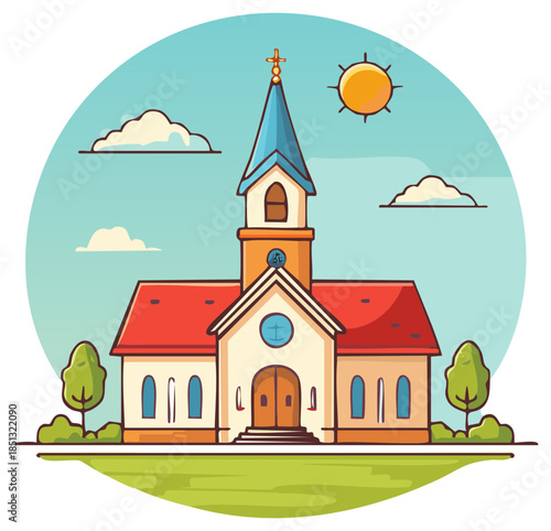 Charming cartoon church with spire and sun on a clear day