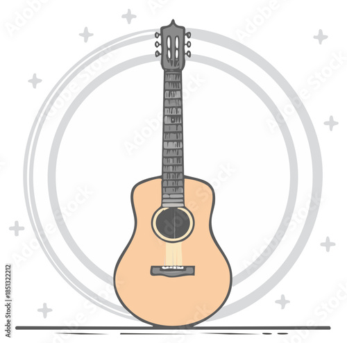 Acoustic guitar illustration with light circles and sparkling stars