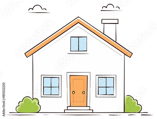 Hand drawn cartoon house illustration with an orange roof and chimney