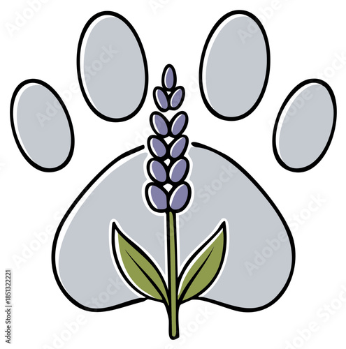 Stylized Pet Paw Print with Lavender Stalk Isolated on White Background