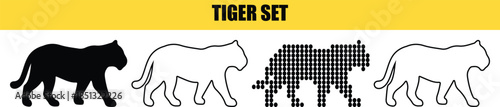 Four stylized tiger silhouettes in different design styles isolated
