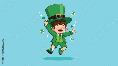 Cheerful cartoon leprechaun boy in green suit and top hat jumping happily.