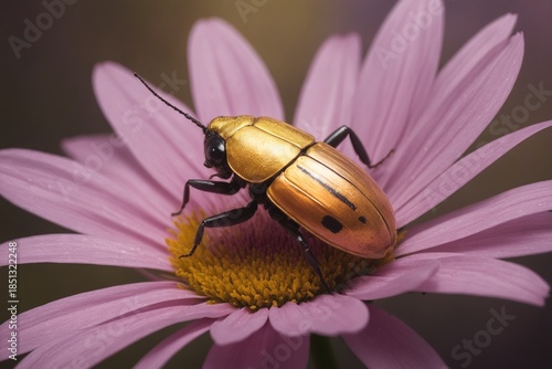 A vibrant golden beetle perches delicately on a soft pink flower, its iridescent shell contrasting beautifully with the delicate petals and bright yellow center. A 