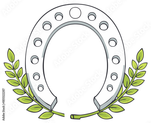 Lucky horseshoe with green laurel wreath style branches symbolizing good fortune and success
