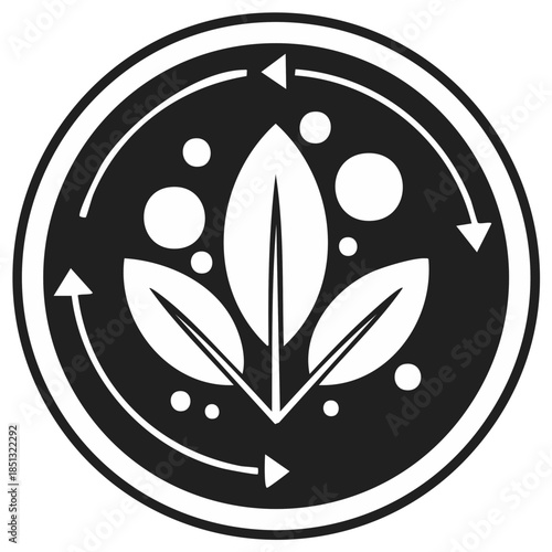 Circular Icon with Leaves and Arrows Symbolizing Growth and Sustainability