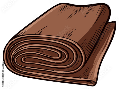 Rolled brown leather material with smooth texture and dark outline artistic illustration