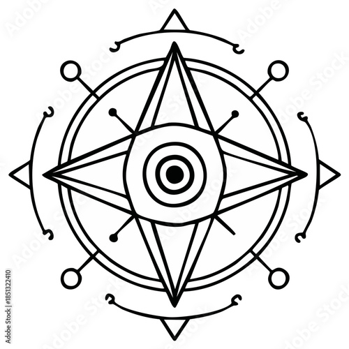 Mystical Celestial Symbol Graphic: Hand-drawn Magic Circle with Geometric Elements, Astrology Icon, Black Line Art