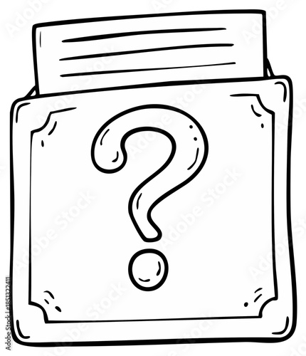 Doodle illustration of a box with a question mark and paper sticking out representing mystery or unknown