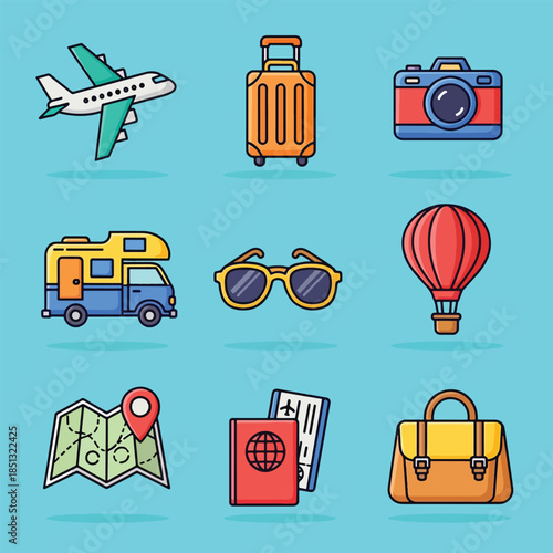 Colorful Cartoon Travel Icons Set Airplane Luggage Camera RV Sunglasses Hot Air Balloon Map Passport Bag.
