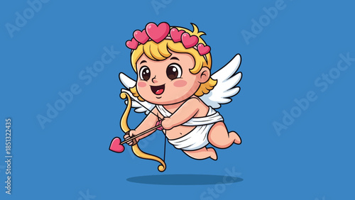 Cute cartoon baby Cupid with wings bow and heart arrow.