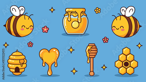 Cute Cartoon Bees and Honey Elements Set with Jar Hive Dipper and Comb.