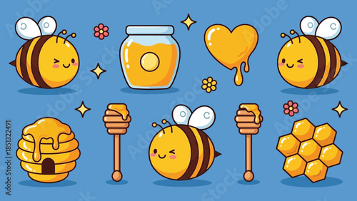 Cute Cartoon Bees Honey Jar Beehive Dippers and Honeycomb Elements Set.