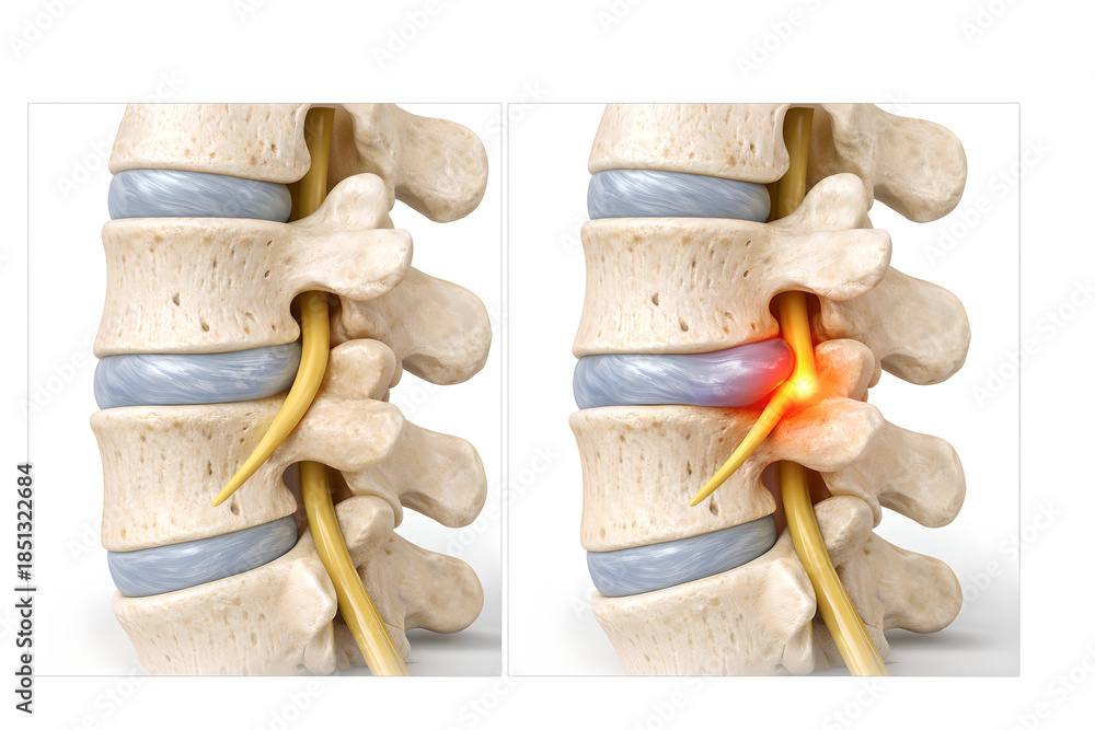 Obraz premium Photorealistic 3D medical illustration of herniated disc with nerve compression, sagittal view of lumbar spine showing bulging intervertebral disc pressing on adjacent spinal nerve root