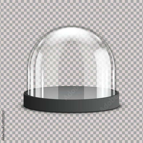 Glass dome display case with black base on transparent checkered background, empty showcase for exhibit, museum display protection, clear bell jar