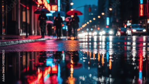 Wallpaper Mural Neon city street glistening after rain, umbrellas moving along the sidewalk as car lights streak by, turning a wet night into a shimmering corridor of reflections, color, and motion

 Torontodigital.ca