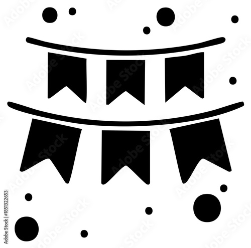 Black and white silhouette of a festive string of pennants and confetti for celebration