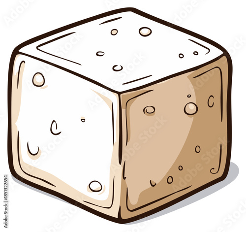Hand drawn vector illustration of a firm tofu cube or bean curd ingredient