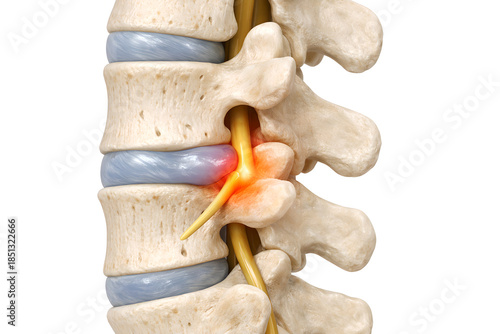 Photorealistic 3D medical illustration of herniated disc with nerve compression, sagittal view of lumbar spine showing bulging intervertebral disc pressing on adjacent spinal nerve root