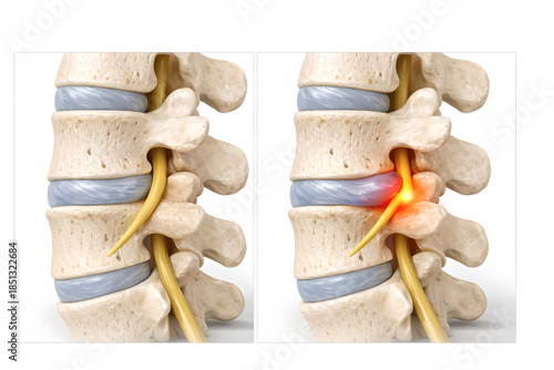 Photorealistic 3D medical illustration of herniated disc with nerve compression, sagittal view of lumbar spine showing bulging intervertebral disc pressing on adjacent spinal nerve root