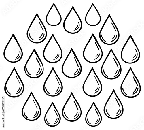 Black and White Water Droplets Seamless Pattern Hand-Drawn for Design, Water Conservation, Health, and Environmental Awareness