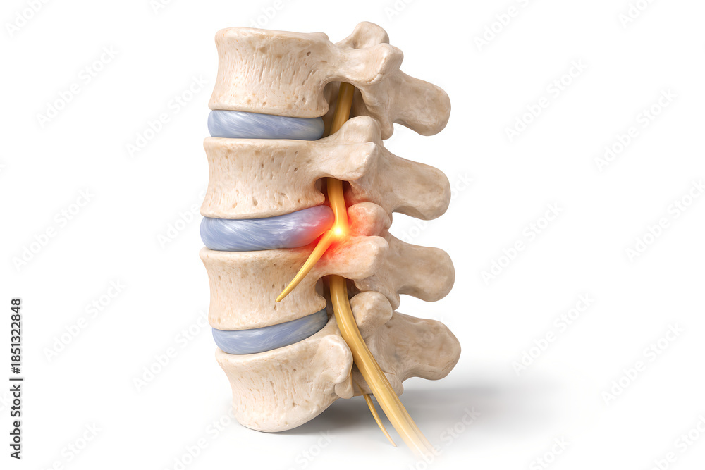Obraz premium Photorealistic 3D medical illustration of herniated disc with nerve compression, sagittal view of lumbar spine showing bulging intervertebral disc pressing on adjacent spinal nerve root