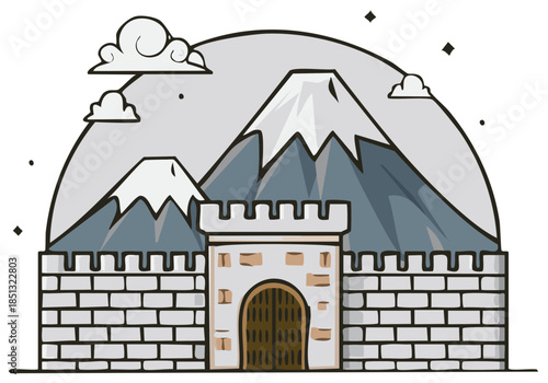 Medieval Castle Gate With Snow Capped Mountains and Clouds