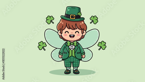 Cute cartoon leprechaun fairy character with green hat suit wings and shamrocks.