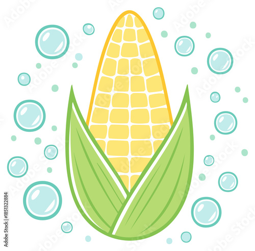 Playful cartoon ear of sweet corn with green husks and light blue bubbles vector art