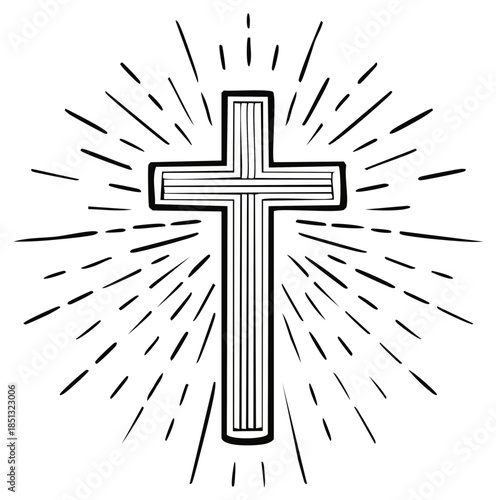 Hand drawn religious cross with radiating light lines