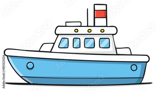 Simple blue cartoon tugboat or small passenger ferry illustration. Cute water transport vehicle for sea travel.