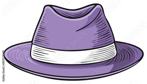 Cartoon drawing of a purple fedora hat with a white band, vintage accessory.