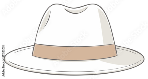 White Fedora Hat Illustration Classic Style with Tan Band Cartoony Brimmed Hat Retro Accessory Fashionable Headwear Isolated