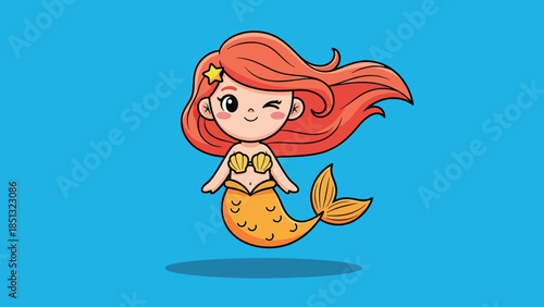 Cute cartoon mermaid with red hair winking wearing a seashell bra and golden fish tail.