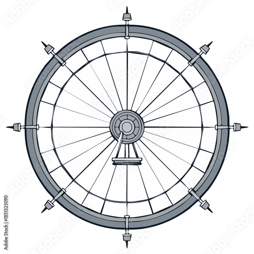 Stylized Ferris wheel Line art illustration. Circular design, eight spokes, fairground, vintage.